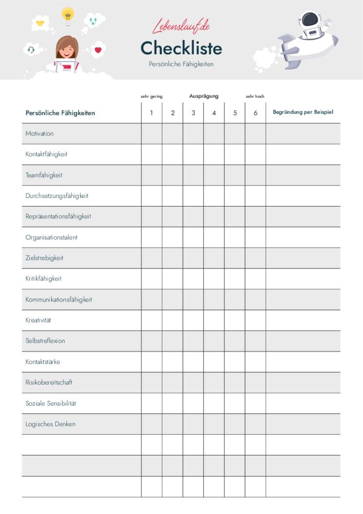 Checkliste persönliche Fähigkeiten Checkliste zur Potentialanalyse